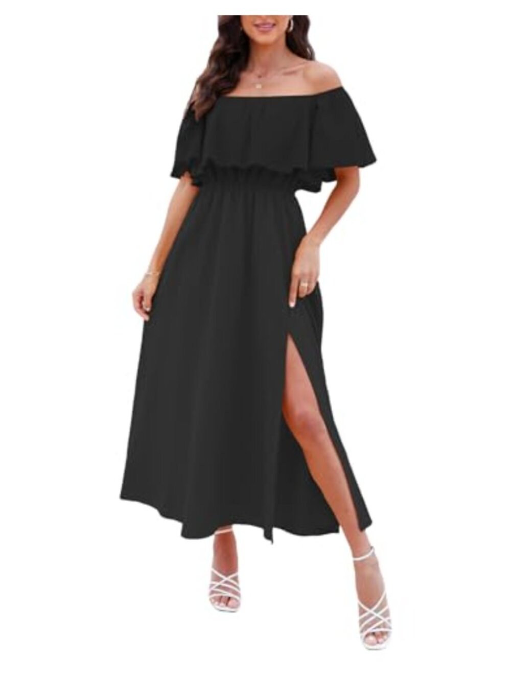 Off Shoulder Ruffle Maxi Dress with Slit, 100% Cotton, Summer Beach Casual